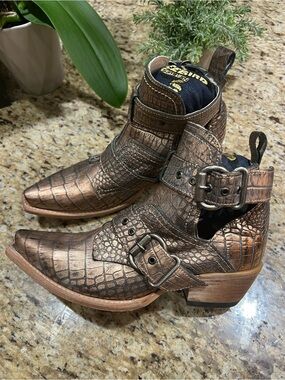Freebird Metallic Bronze Croc-Embossed Ankle Boots with Buckles 8